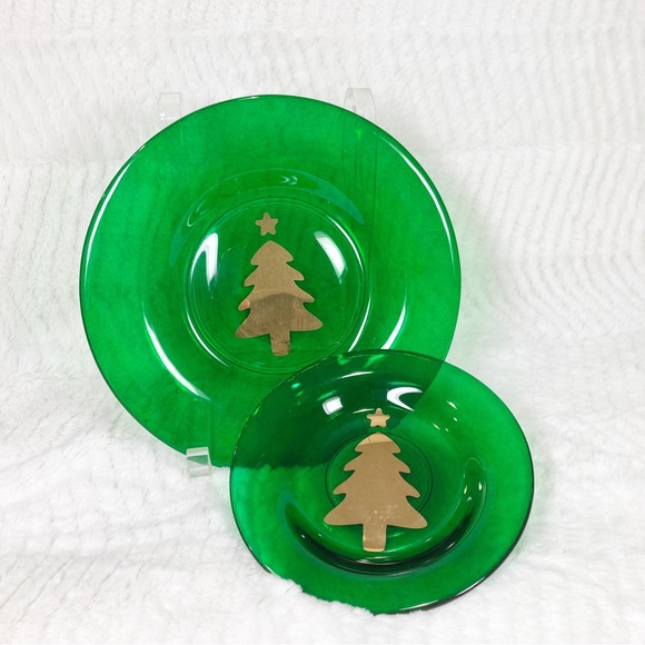 Other - Green Glass Christmas Plates with Gold Tree Set of 2 NEW